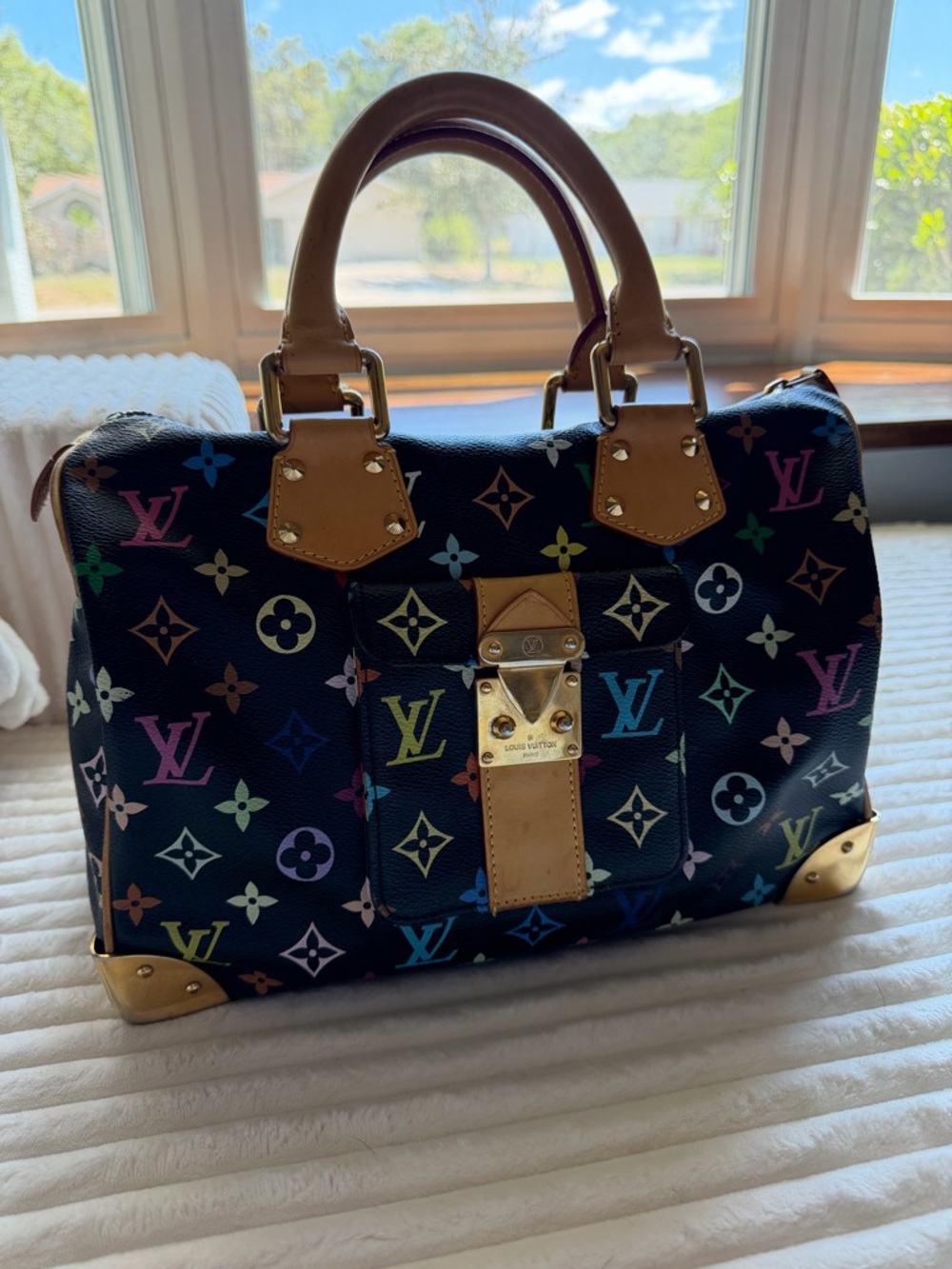 Louis Vuitton Black Multicolor Monogram Satchel with Tan Trim